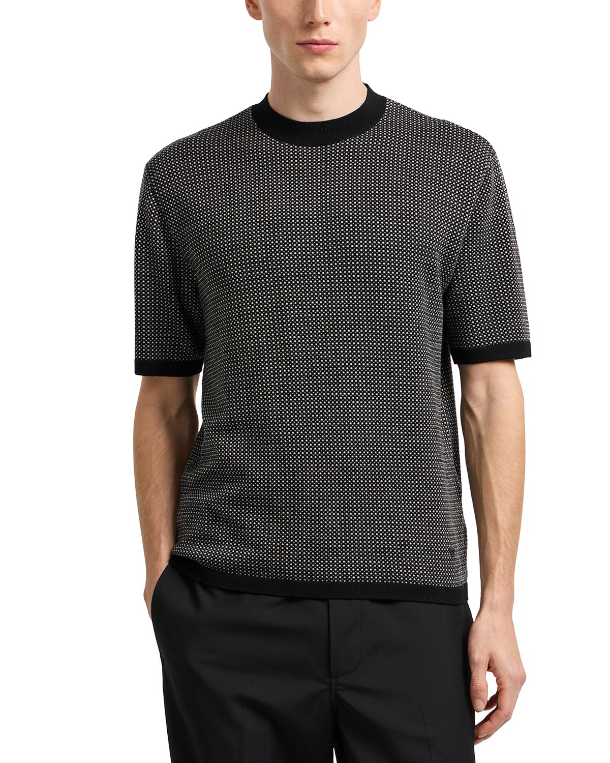 Emporio Armani Regular Fit Geometric Jacquard Short Sleeve Sweater in Solid Black