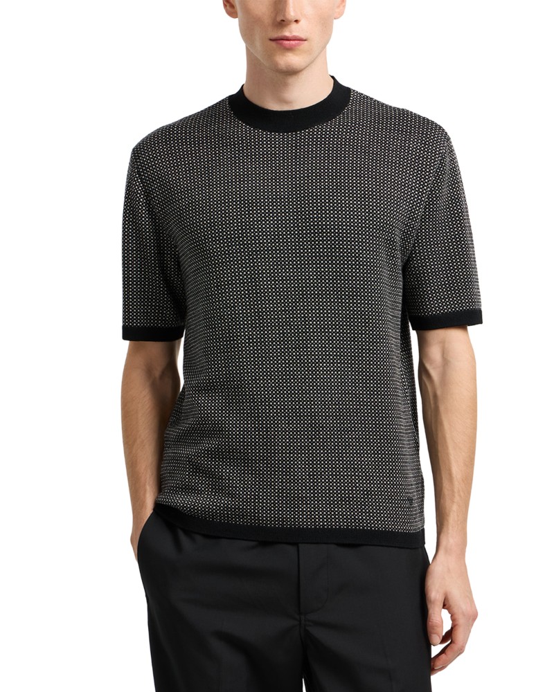 Emporio Armani Regular Fit Geometric Jacquard Short Sleeve Sweater in Solid Black