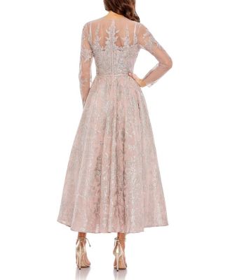 Embellished Bow Belt Illusion Long Sleeve A Line Dress