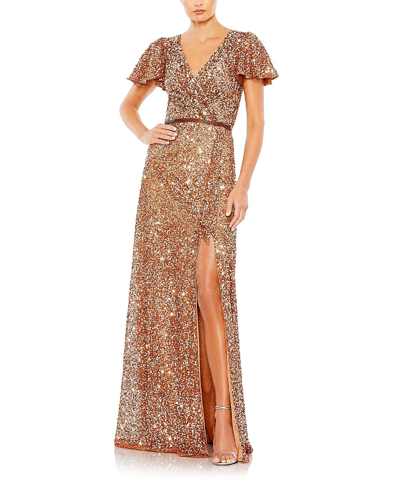 Mac Duggal Sequined Wrap Over Butterfly Sleeve Draped Gown