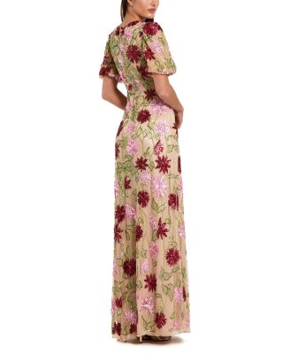Floral Embroidered Mesh Gown with Statement Sleeves