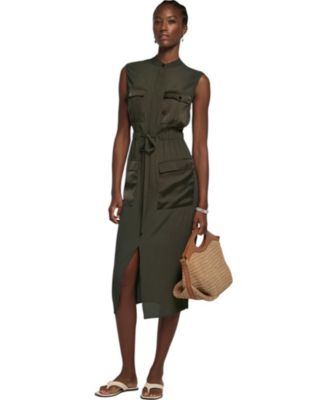  Women's Satin Mix Utility Shirt Dress