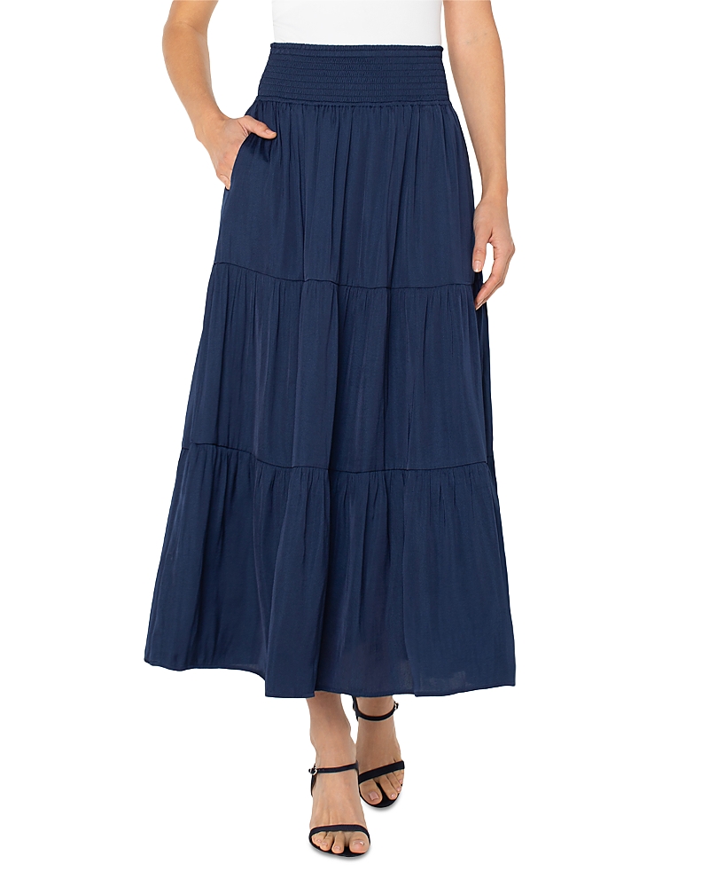 Liverpool Los Angeles Tiered Sateen Maxi Skirt In Blue
