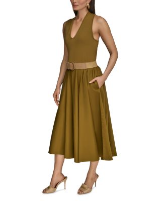 Sateen A Line Belted Midi Dress