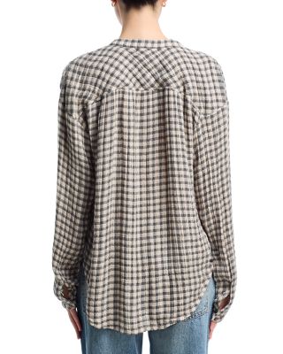 Plaid Shirred Mandarin Collar Shirt