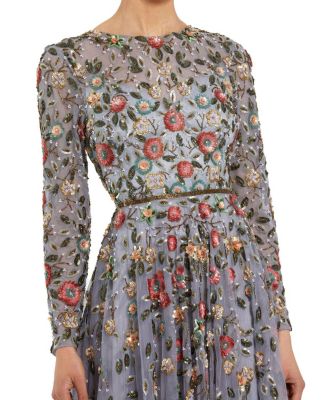  Embellished High Neck Long Sleeve A Line Gown