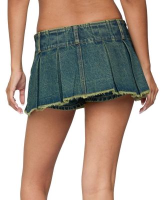  Frayed Pleated Denim Mini Skirt