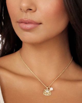 Pav&eacute; Sand Dollar & Cultured Freshwater Pearl Pendant Necklace, 15"-18" 