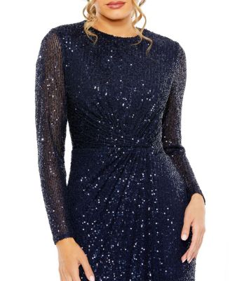 Sequined Long Sleeve Side Knot Gown