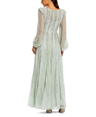Boat Neck Long Sleeve Gown with Striped Beading