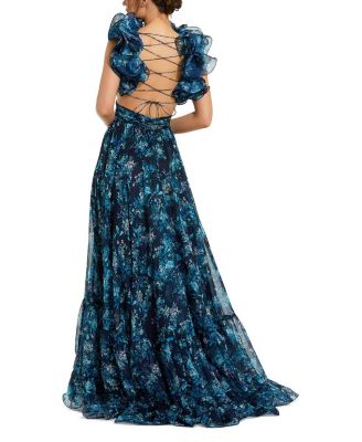  Women's Ruffle Tiered Floral Cut-Out Chiffon Gown
