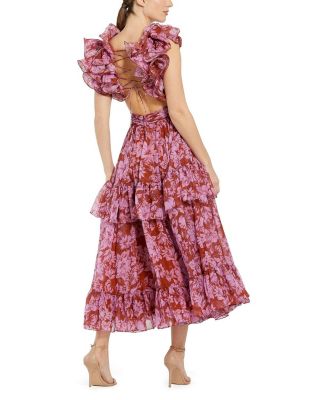 Floral Ruffle Tiered Cut-Out Chiffon Dress