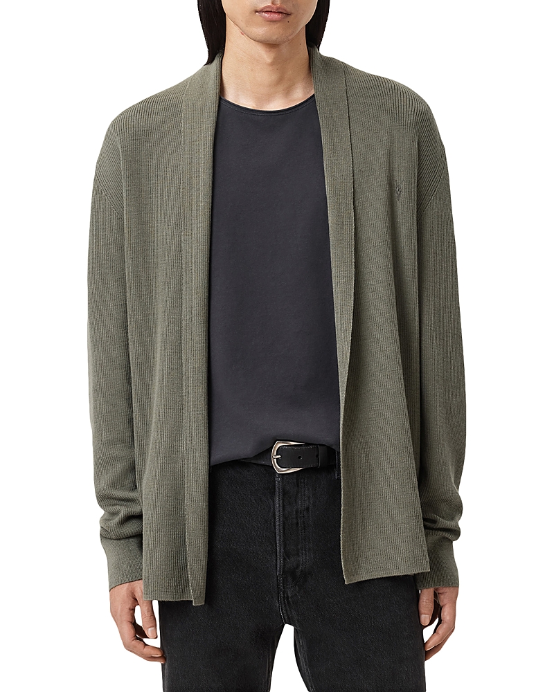 Allsaints Mens Dusky Green Mode Ramskull-embroidered Merino-wool Cardigan Xs In Green