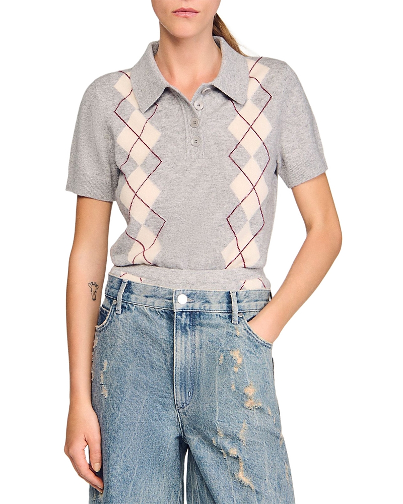 Sandro Argyle Polo Neck Sweater In Gray