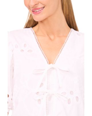 Embroidered Short Sleeve Tie Front Top