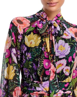 Floral Print Tie Neck Chiffon Gown