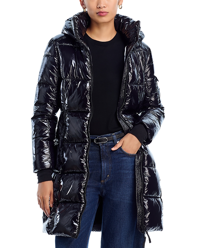 Aqua Mulberry High Shine Long Puffer Coat With Hood - Exclusive In Black