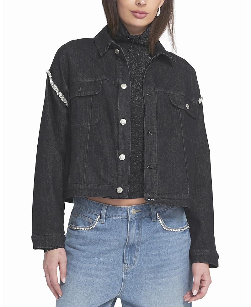 Elle Collection Elle Rhinestone Trim Denim Jacket In Black