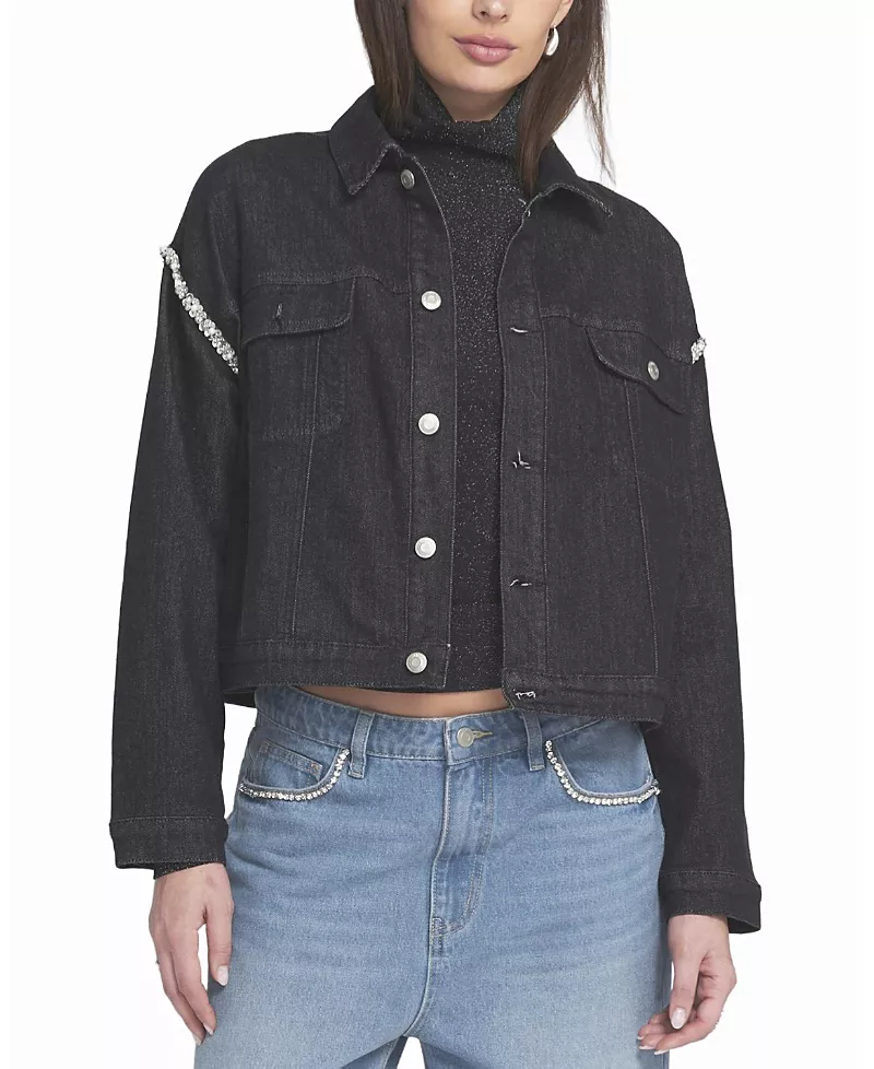 Elle Rhinestone Trim Denim Jacket