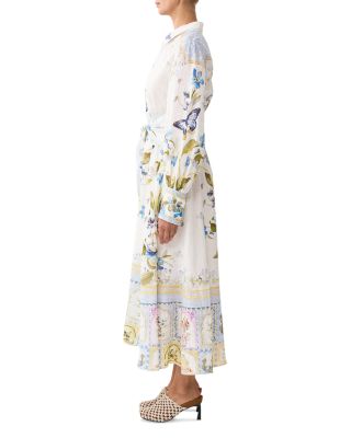 Linen Tie Waist Mixed Print Shirtdress