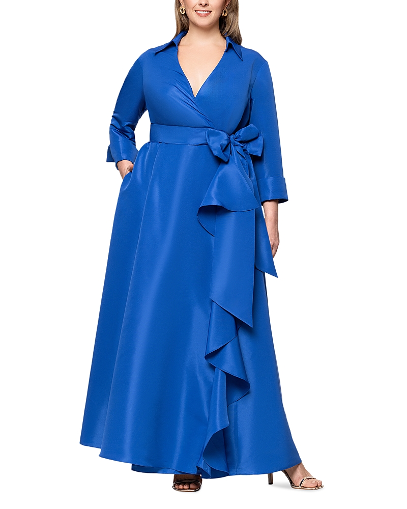 Betsy & Adam Plus Size Long-sleeve Tie-waist Long Dress In Blue