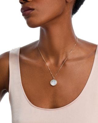 White Mother of Pearl Bezel Pendant Necklace in 14K Yellow Gold, 16-18"