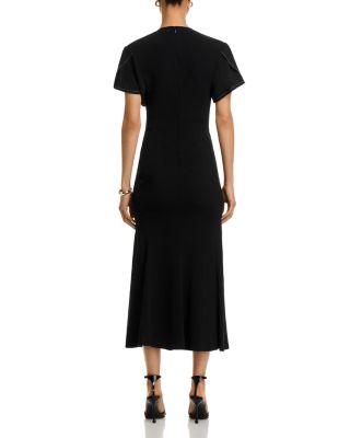 V Neck Gathered Front Midi Dress