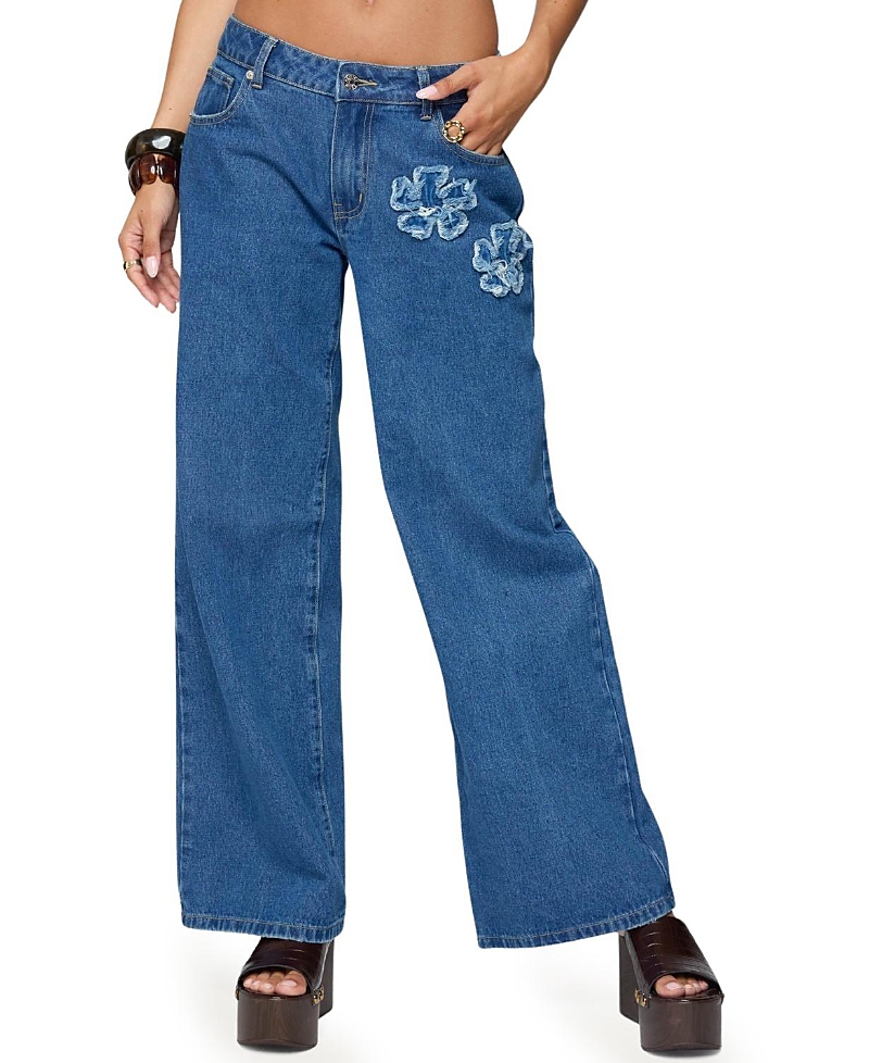 Edikted Flower Patch Low Rise Jeans in Medium Rinse Wash