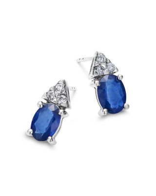Blue Sapphire & Diamond Oval Stud Earrings in 14K White Gold