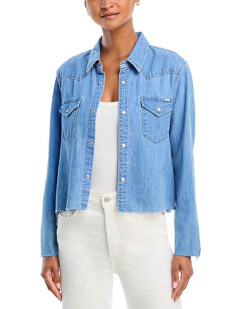 Mother The Super Exes Crop Step Fray Shirt In Blue