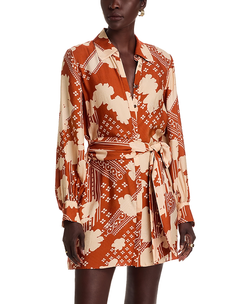 Ramy Brook Ada Mixed Print Long Sleeve Shirtdress In Orange