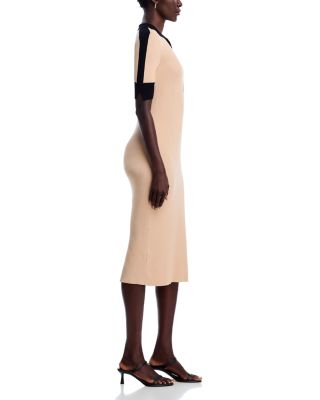 Elbow Sleeve Split V Neck Collar Rib Dress with Contrast Trim