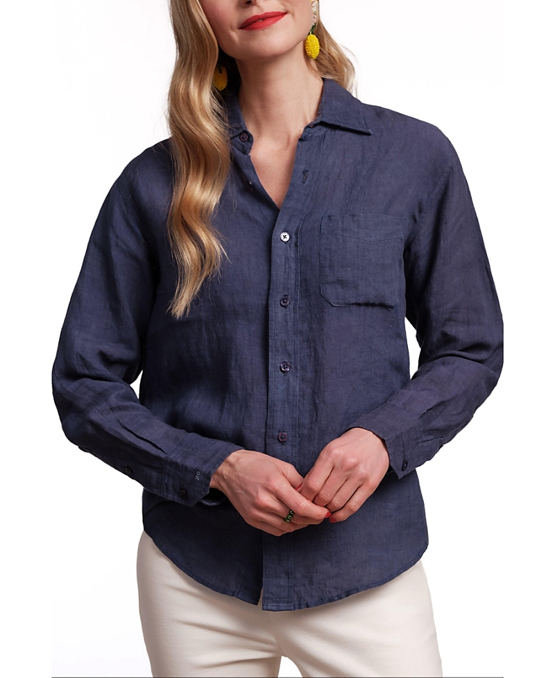 Frances Valentine Perfect Button Down Linen In Navy In Blue