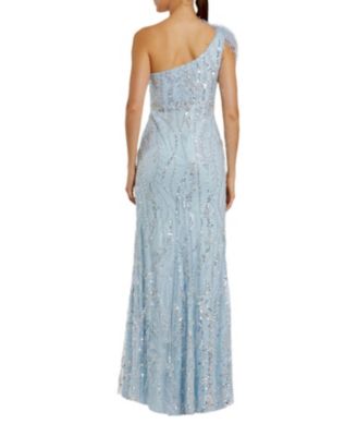  Feathered One Shoulder Embroidered Applique Gown