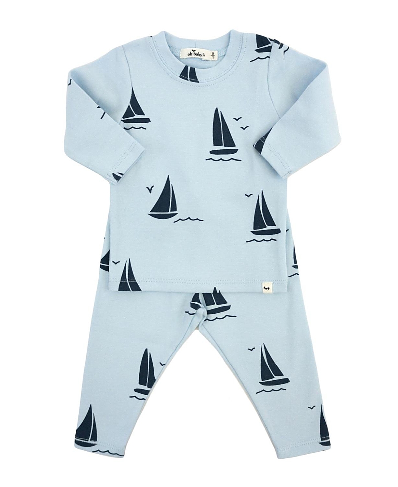 Oh Baby ! Boys' Denim Sailboat Print 2-piece Set - Baby In Blue