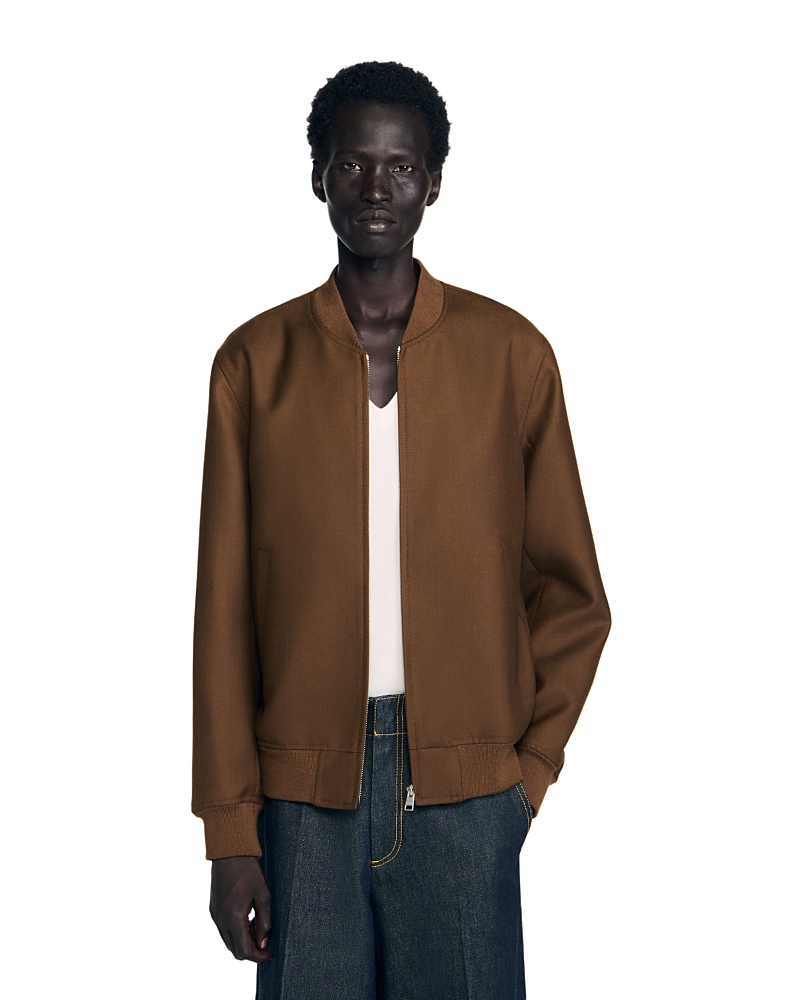 Sandro Mens Tobacco Brown Regular-fit Ribbed-collar Wool-blend Bomber Jacket In Brown