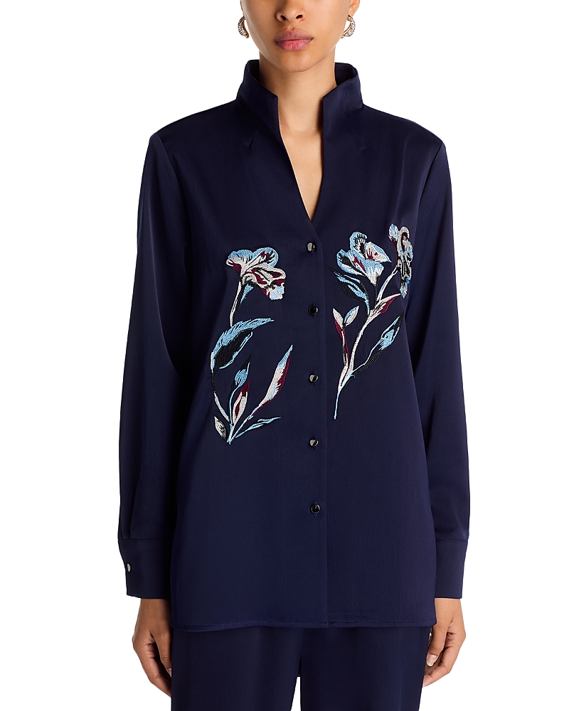 Misook Split Collar Embroidered Blouse In Blue