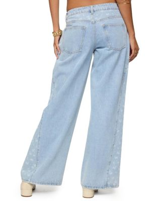 Floral Split Low Rise Blue Wash Jeans