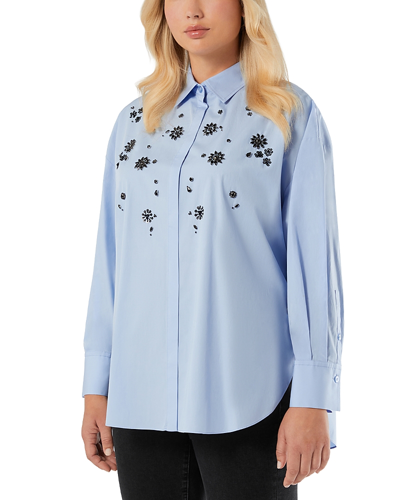 Marina Rinaldi Uganda Embellished Oversize Cotton Button-up Shirt In Blue