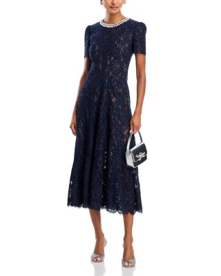 Navy Lace Embellished Midi Dress