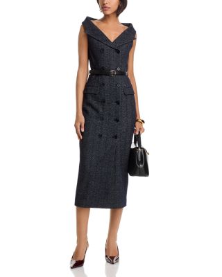 Grey Herringbone Wool Midi Dress