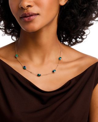 Azurite & Diamond Bezel Collar Necklace in 14K Yellow Gold, 16-18"