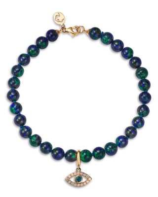 Azurate, Blue Topaz & Diamond Evil Eye Beaded Bracelet in 14K Yellow Gold