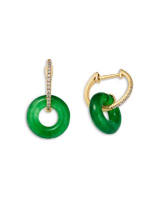 Dyed Jade & Diamond Doorknocker Drop Earrings in 14K Yellow Gold