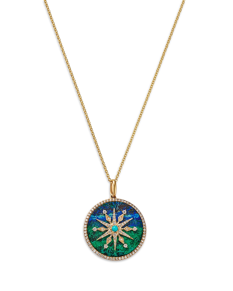 Bloomingdale's Fine Collection Azurite, Turquoise & Diamond Medallion Pendant Necklace In 14k Yellow Gold, 16-18