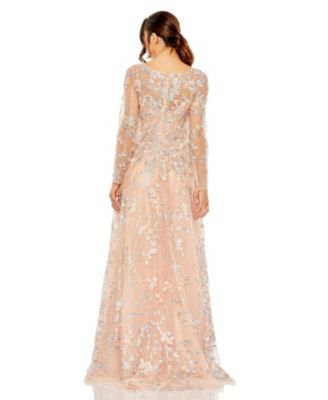 Embellished Wrap Over Illusion Long Sleeve A-line Dress