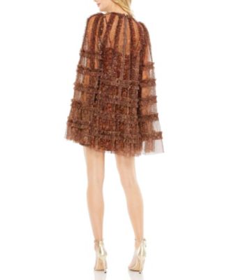 Floral Print Long Flare Sleeve Mesh A-Line Dress