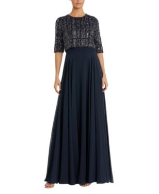  Beaded 3/4 Sleeve Chiffon Gown