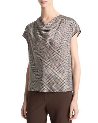Pressed Plaid Cowlneck Silk Top