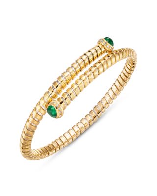 Trisolina Diamond & Emerald Bypass Bangle in 18K Yellow Gold